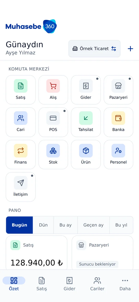 Muhasebe360 mobil uygulamasının açılış ekranı: komuta merkezi ve günlük satış panosu